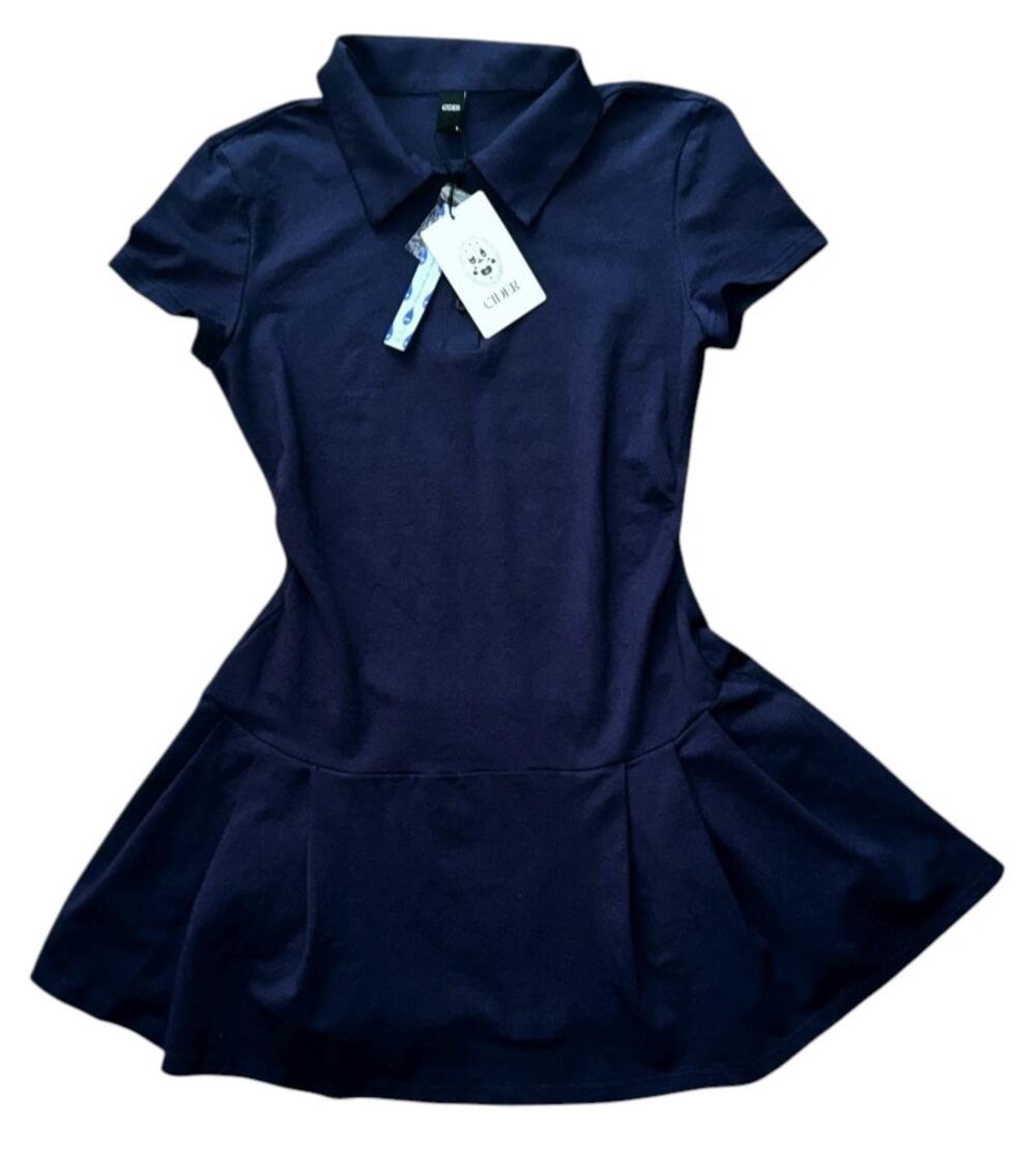 NWT Cider Slim Fit Ruched Pleated Knit Navy Blue Polo Mini Dress 8